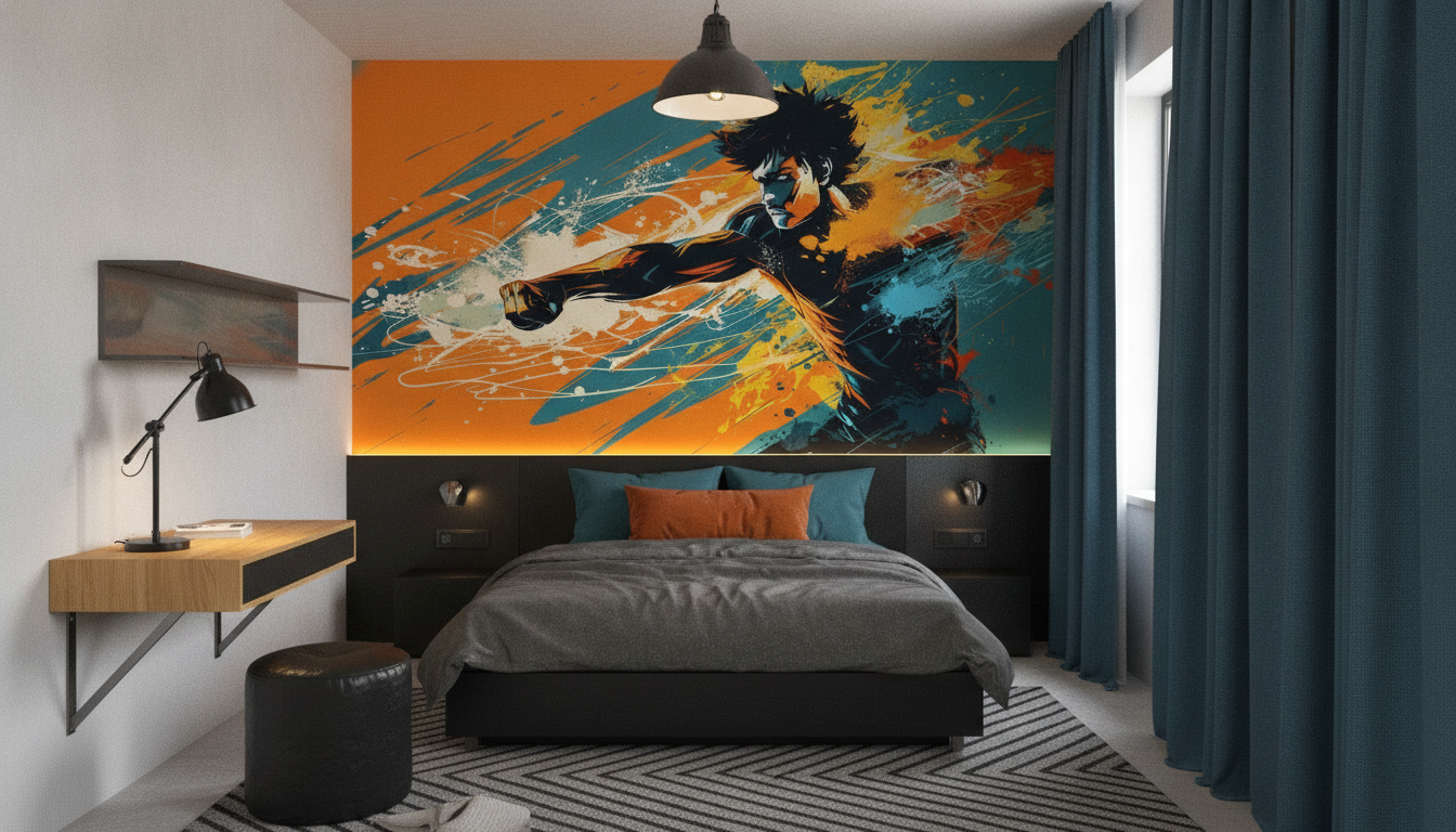 Papier peint street art silhouette dynamique éclaboussures colorées orange bleu - Chambre ado