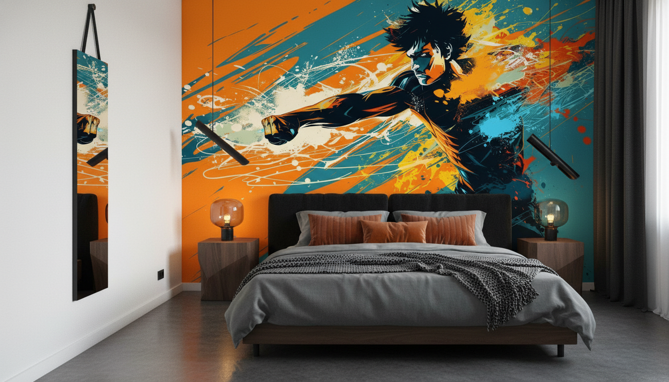 Papier peint street art silhouette dynamique éclaboussures colorées orange bleu - Chambre adulte