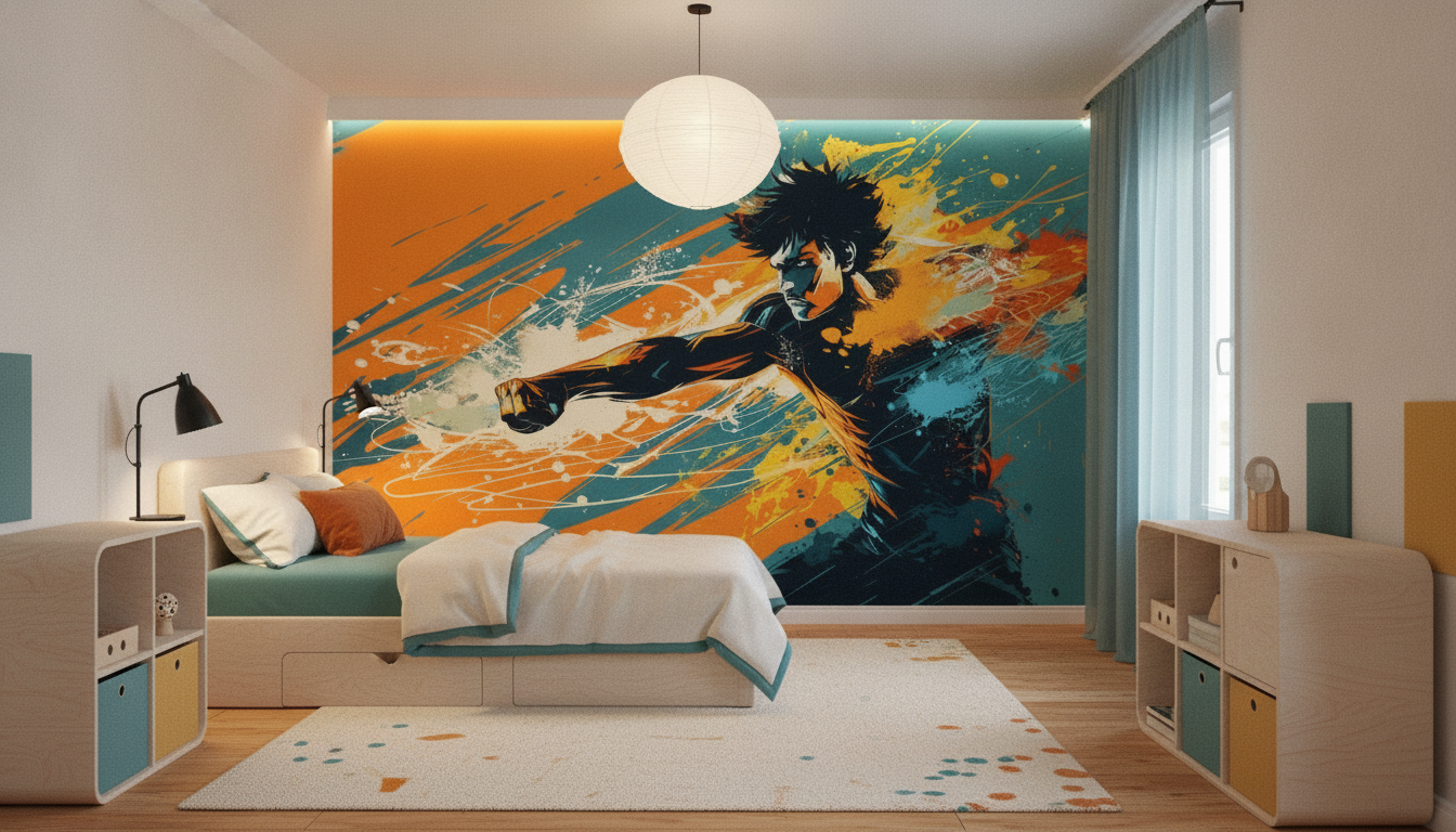 Papier peint street art silhouette dynamique éclaboussures colorées orange bleu - Chambre enfant