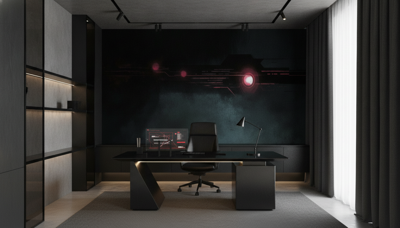 Papier peint technologique futuriste avec circuits électroniques lumineux rouge - Bureau