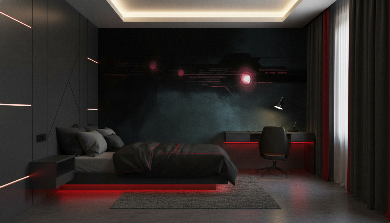 Papier peint technologique futuriste avec circuits électroniques lumineux rouge - Chambre ado