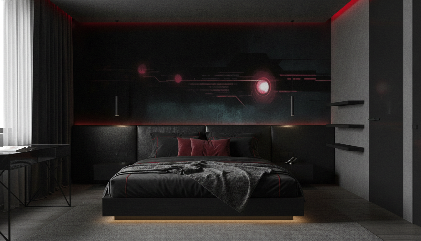 Papier peint technologique futuriste avec circuits électroniques lumineux rouge - Chambre adulte