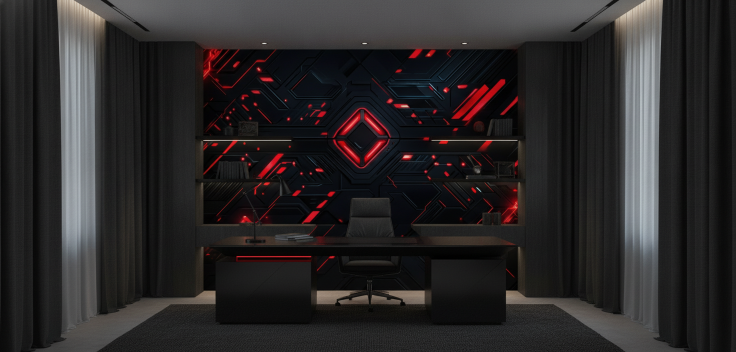 Papier Peint Technologique Futuriste Noir et Rouge Néon Géométrique - Bureau