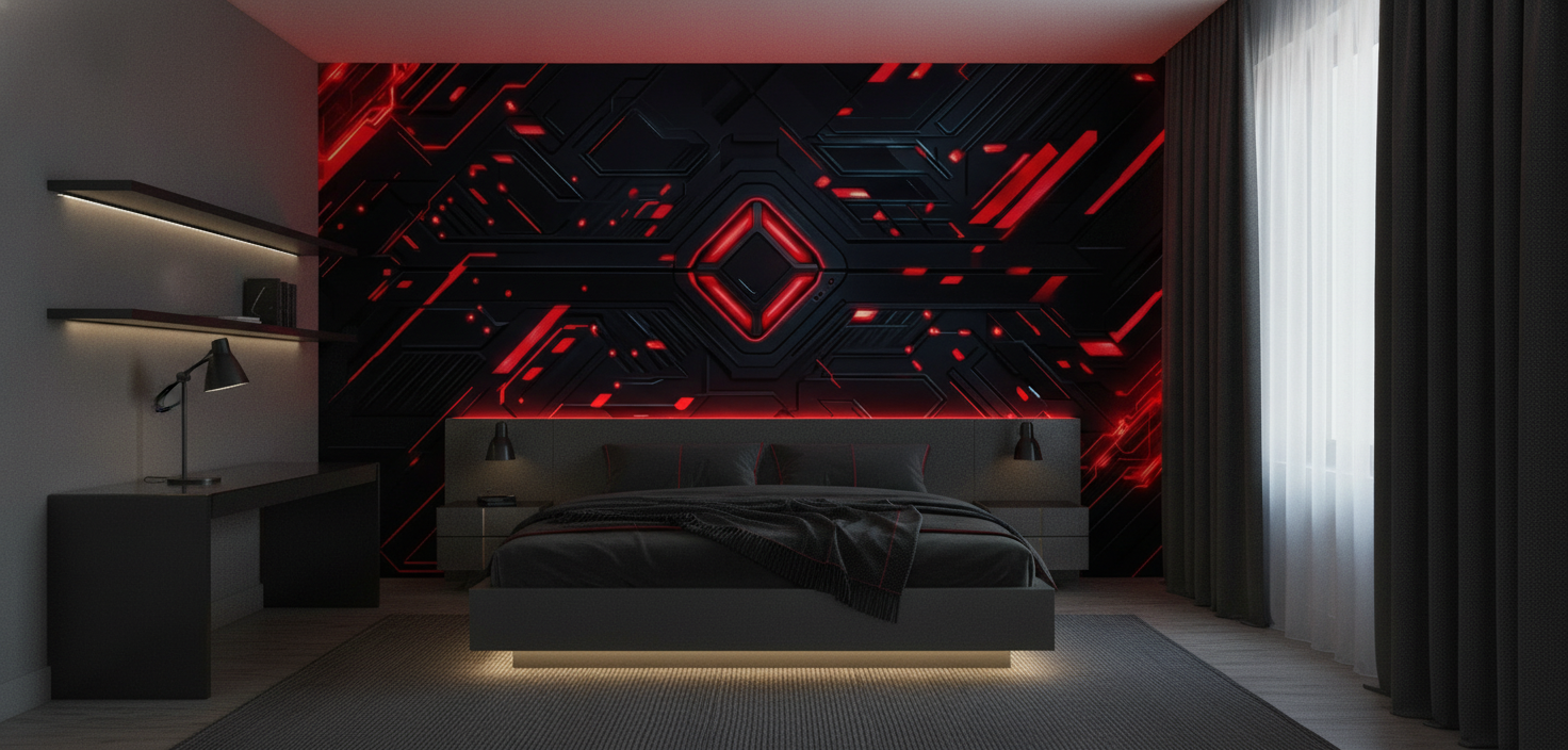 Papier Peint Technologique Futuriste Noir et Rouge Néon Géométrique - Chambre ado