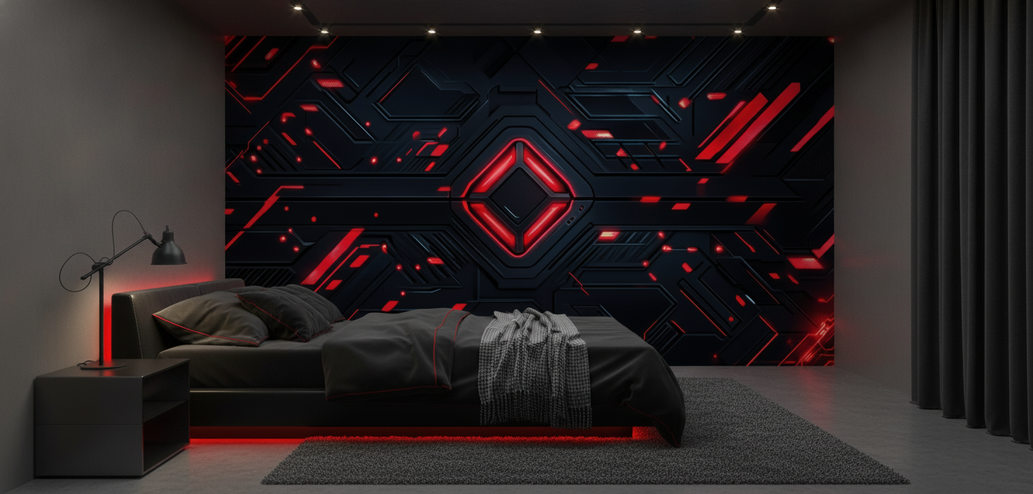 Papier Peint Technologique Futuriste Noir et Rouge Néon Géométrique - Chambre adulte