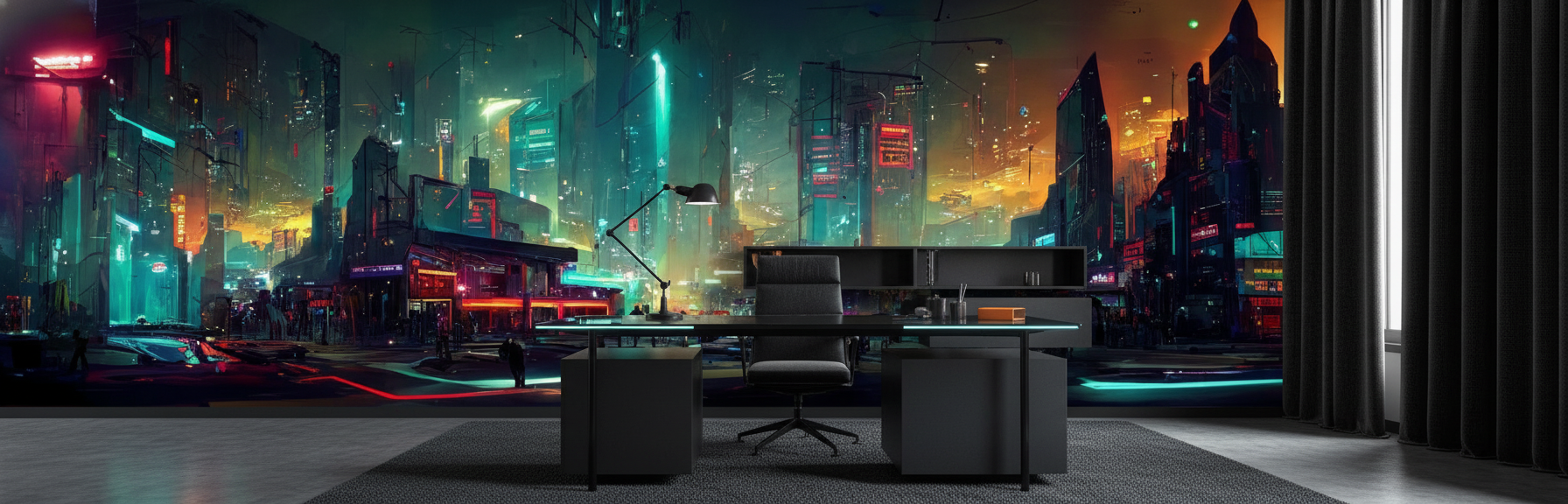 Papier Peint Ville Cyberpunk Futuriste Néons Colorés Ambiance Nocturne - Bureau
