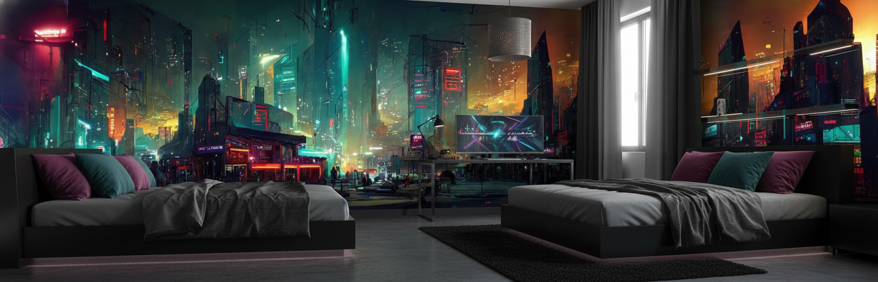 Papier Peint Ville Cyberpunk Futuriste Néons Colorés Ambiance Nocturne - Chambre ado