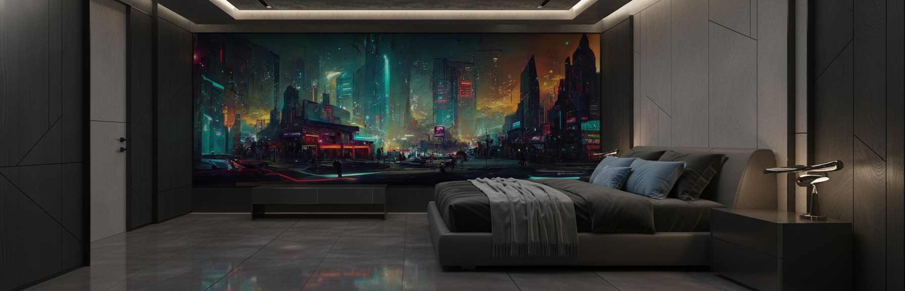 Papier Peint Ville Cyberpunk Futuriste Néons Colorés Ambiance Nocturne - Chambre adulte