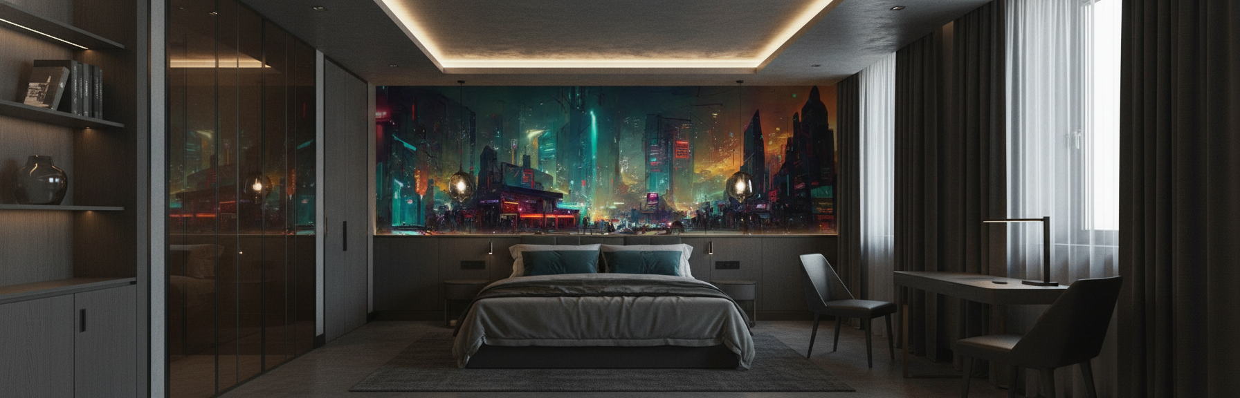 Papier Peint Cyberpunk Néons Nocturnes Ville Futuriste Turquoise Orange — Hôtel