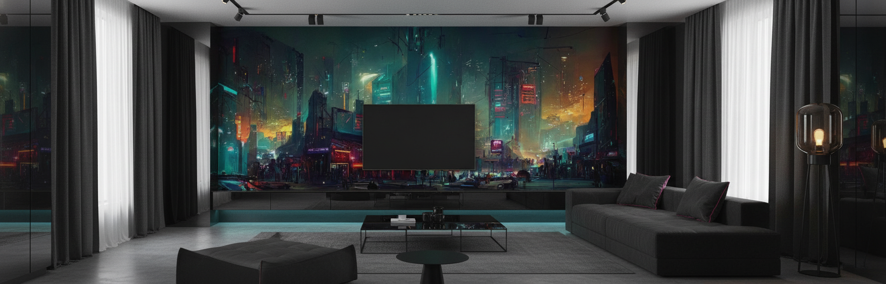 Papier Peint Ville Cyberpunk Futuriste Néons Colorés Ambiance Nocturne - Salon / Séjour