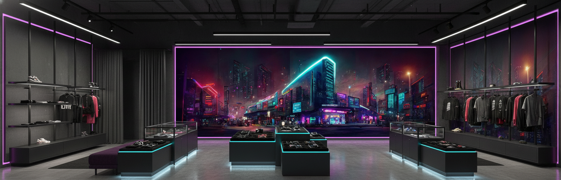 Papier Peint Ville Cyberpunk Néons Nuit Urbaine Bleu Magenta — Boutique