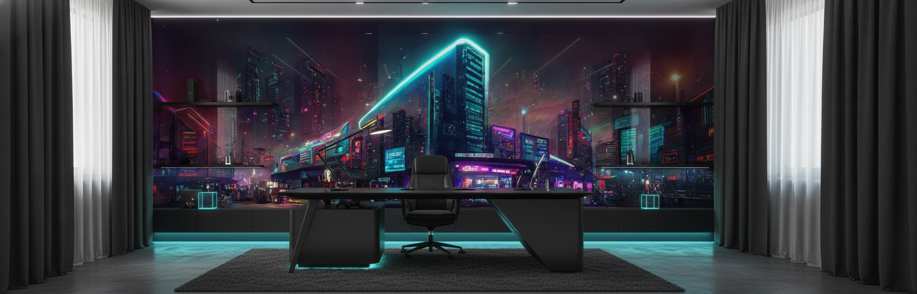 Papier Peint Ville Cyberpunk Futuriste Néons Colorés Nuit Urbaine - Bureau