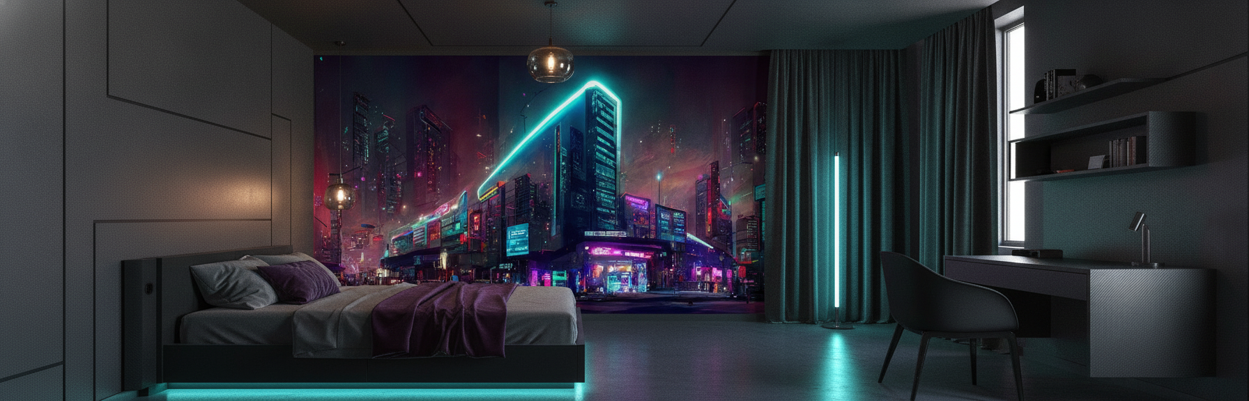 Papier Peint Ville Cyberpunk Futuriste Néons Colorés Nuit Urbaine - Chambre ado