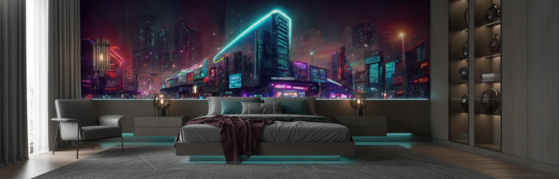 Papier Peint Ville Cyberpunk Futuriste Néons Colorés Nuit Urbaine - Chambre adulte