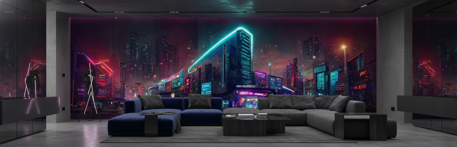 Papier Peint Ville Cyberpunk Futuriste Néons Colorés Nuit Urbaine - Salon / Séjour