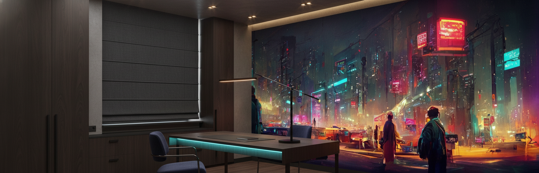 Papier peint ville cyberpunk futuriste néons colorés nuit urbaine - Bureau
