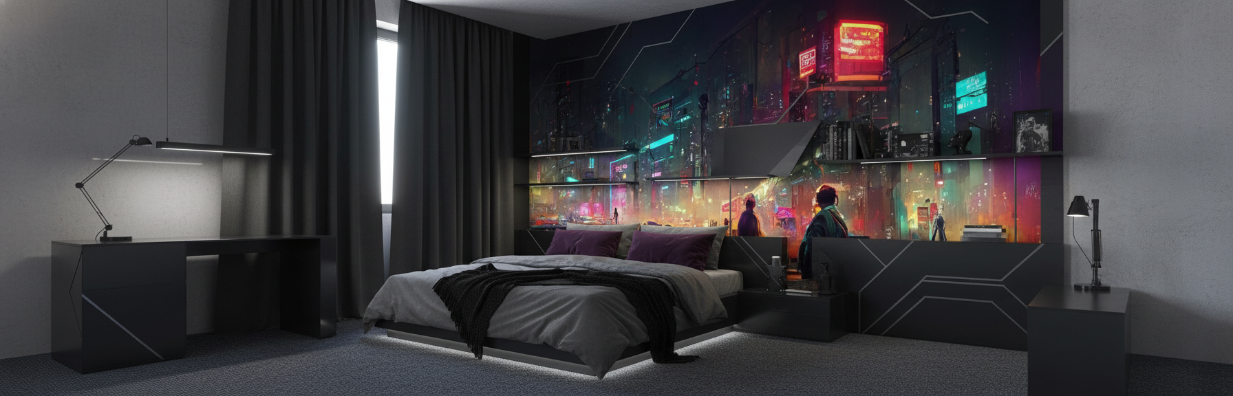 Papier peint ville cyberpunk futuriste néons colorés nuit urbaine - Chambre ado