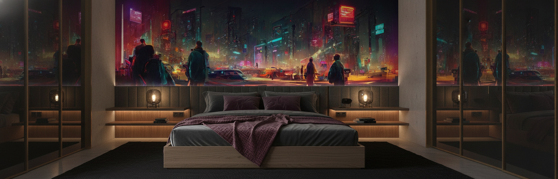 Papier peint ville cyberpunk futuriste néons colorés nuit urbaine - Chambre adulte