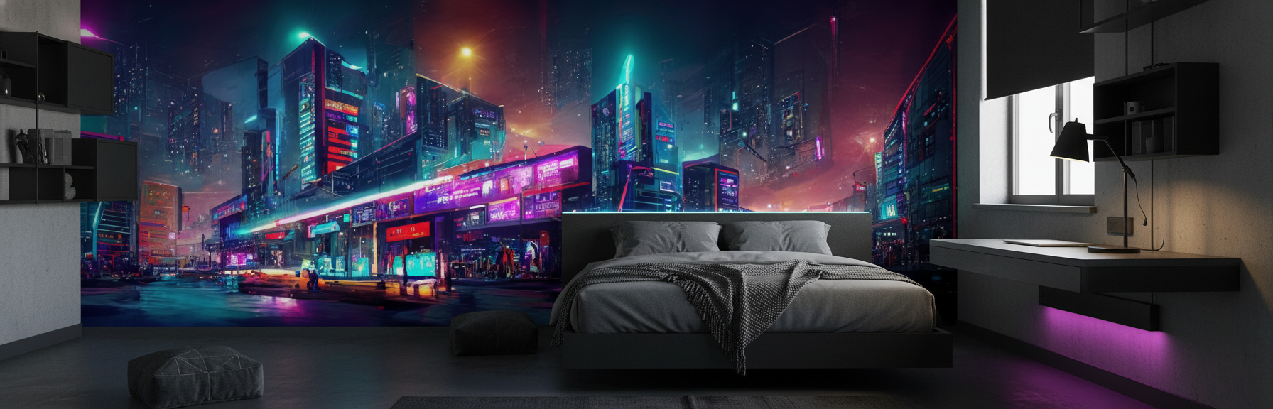 Papier Peint Ville Cyberpunk Futuriste Néons Multicolores Nuit - Chambre ado