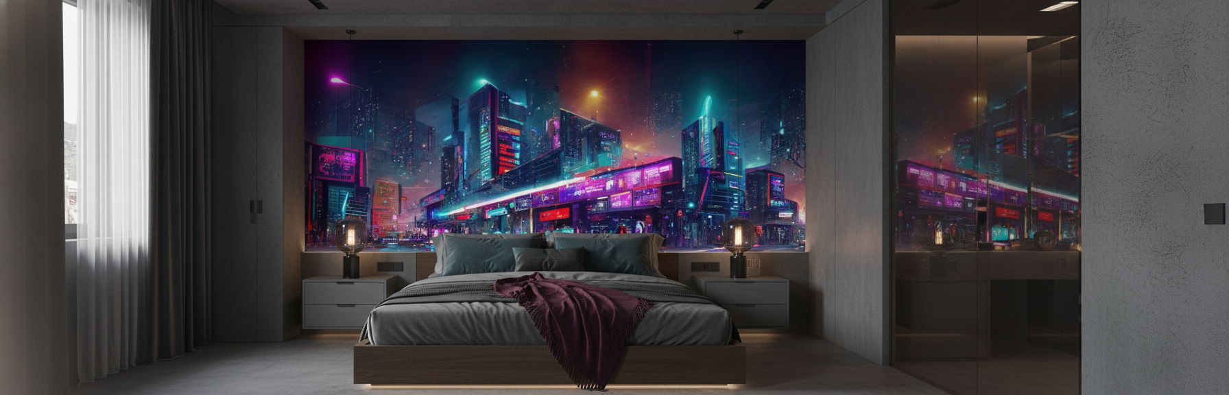 Papier Peint Ville Cyberpunk Futuriste Néons Multicolores Nuit - Chambre adulte