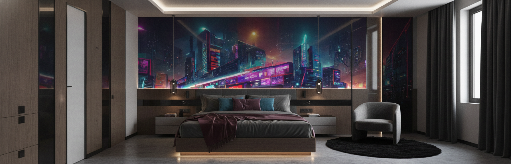 Papier Peint Ville Cyberpunk Futuriste Néons Multicolores Nuit — Hôtel