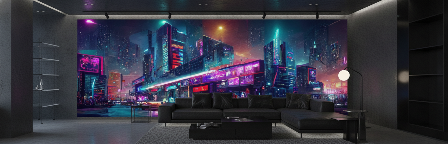Papier Peint Ville Cyberpunk Futuriste Néons Multicolores Nuit - Salon / Séjour