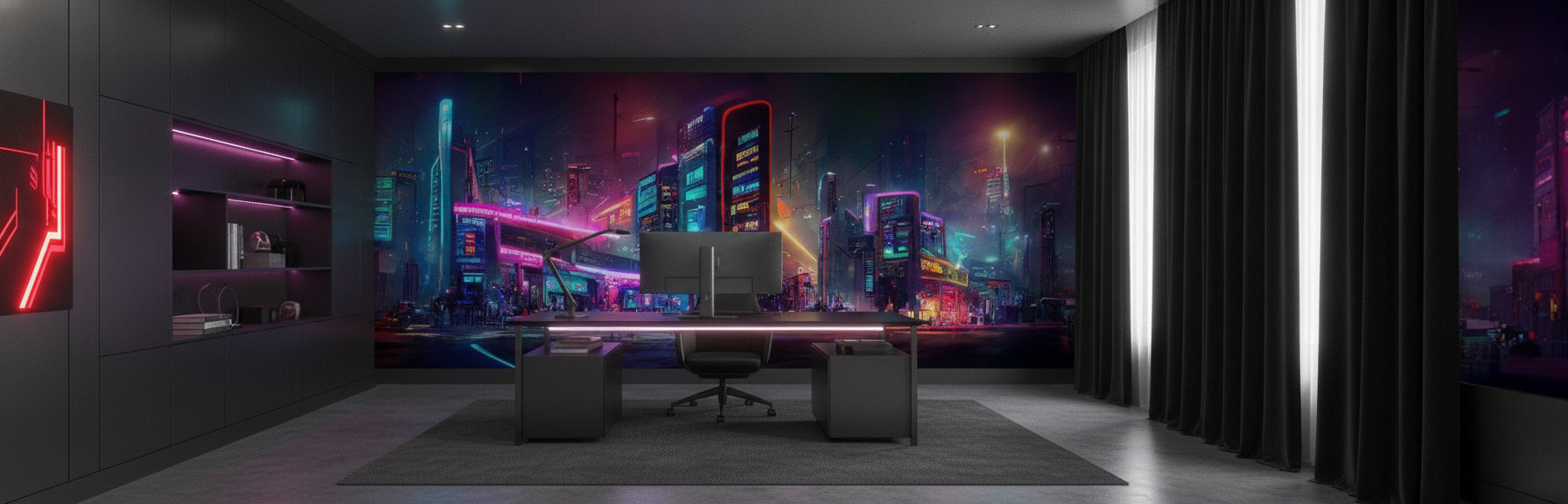 Papier Peint Ville Futuriste Cyberpunk Néons Lumineux Nocturne - Bureau