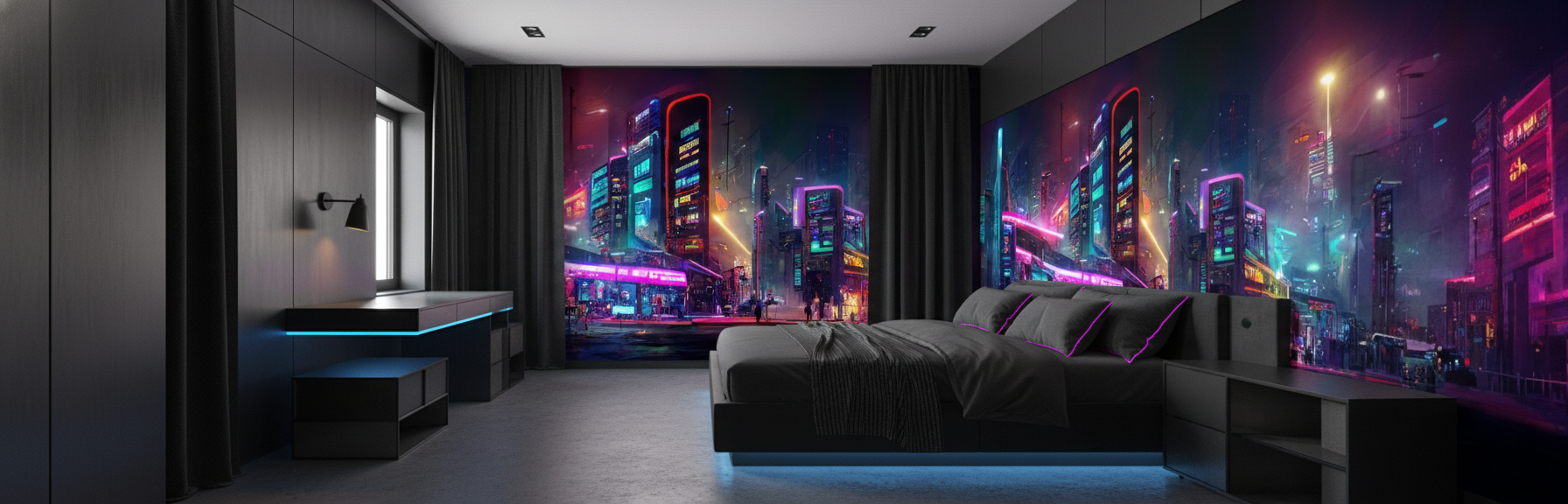 Papier Peint Ville Futuriste Cyberpunk Néons Lumineux Nocturne - Chambre ado