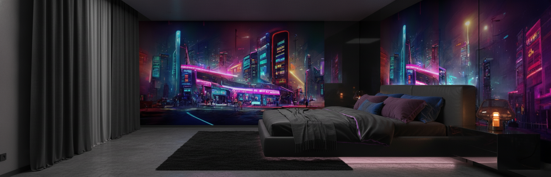 Papier Peint Ville Futuriste Cyberpunk Néons Lumineux Nocturne - Chambre adulte