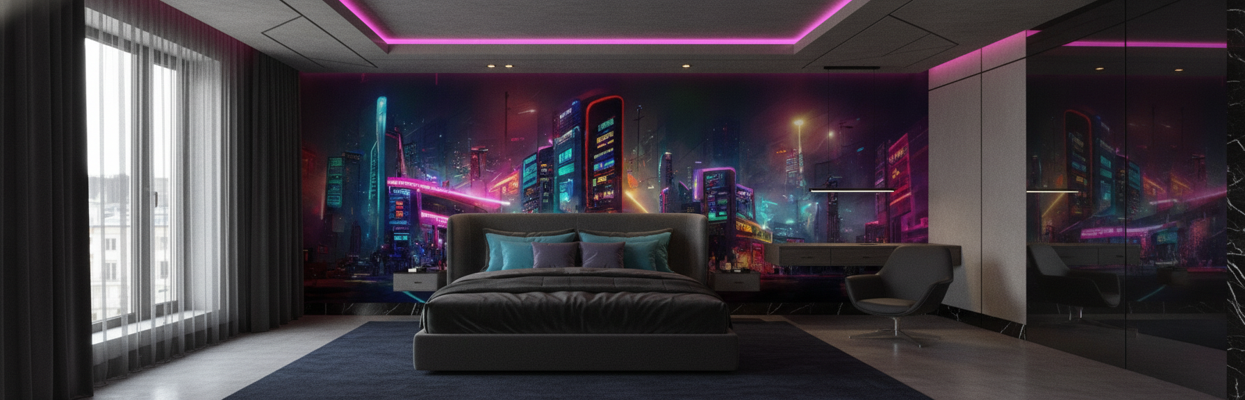 Papier Peint Ville Futuriste Cyberpunk Néons Nocturnes Bleu Nuit — Hôtel