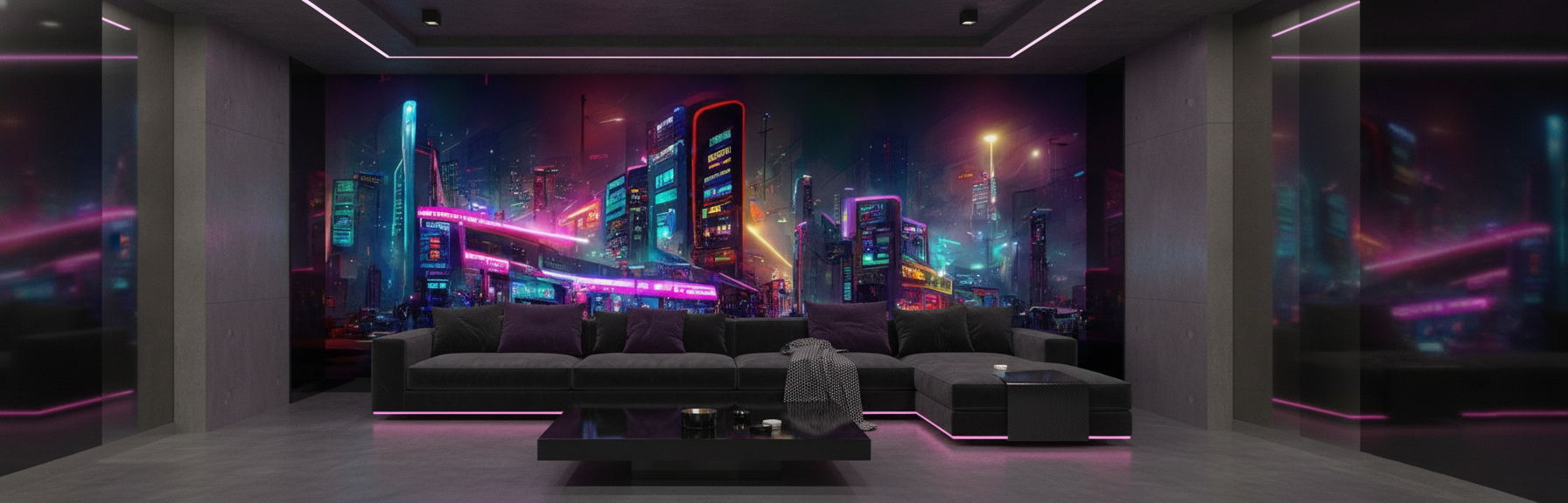 Papier Peint Ville Futuriste Cyberpunk Néons Lumineux Nocturne - Salon / Séjour