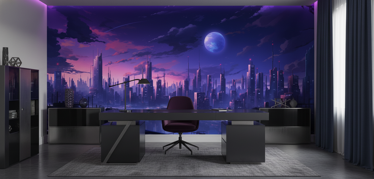 Papier Peint Ville Futuriste Cyberpunk Planet Violette Nuit - Bureau