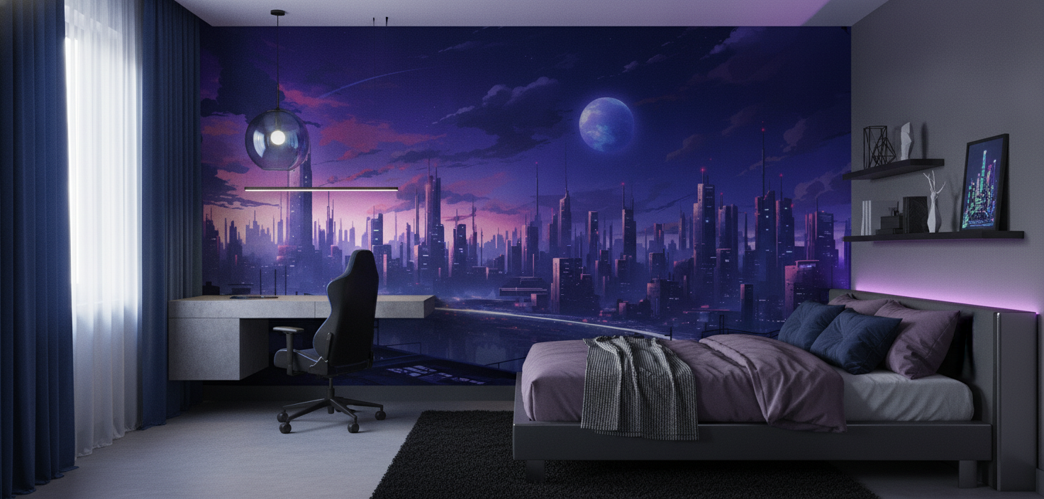 Papier Peint Ville Futuriste Cyberpunk Planet Violette Nuit - Chambre ado