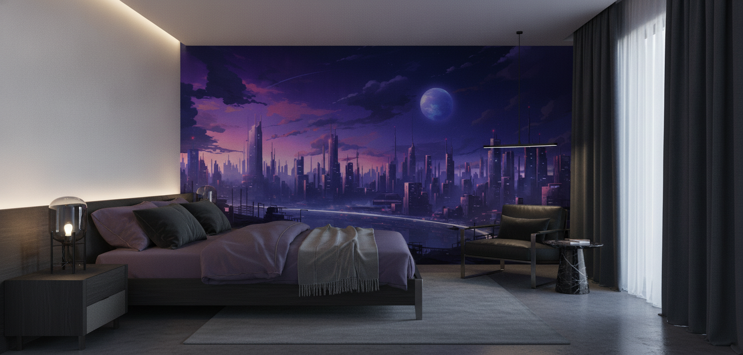 Papier Peint Ville Futuriste Cyberpunk Planet Violette Nuit - Chambre adulte