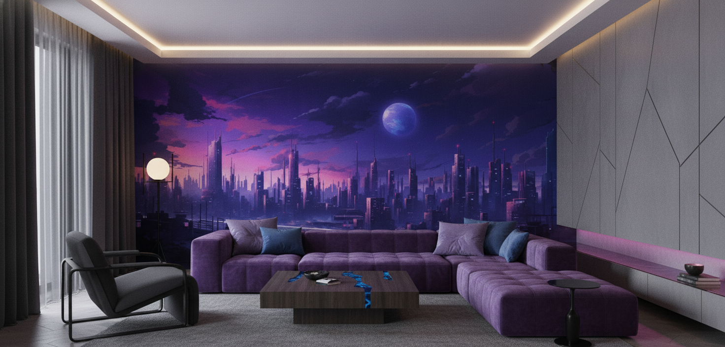Papier Peint Ville Futuriste Cyberpunk Planet Violette Nuit - Salon / Séjour