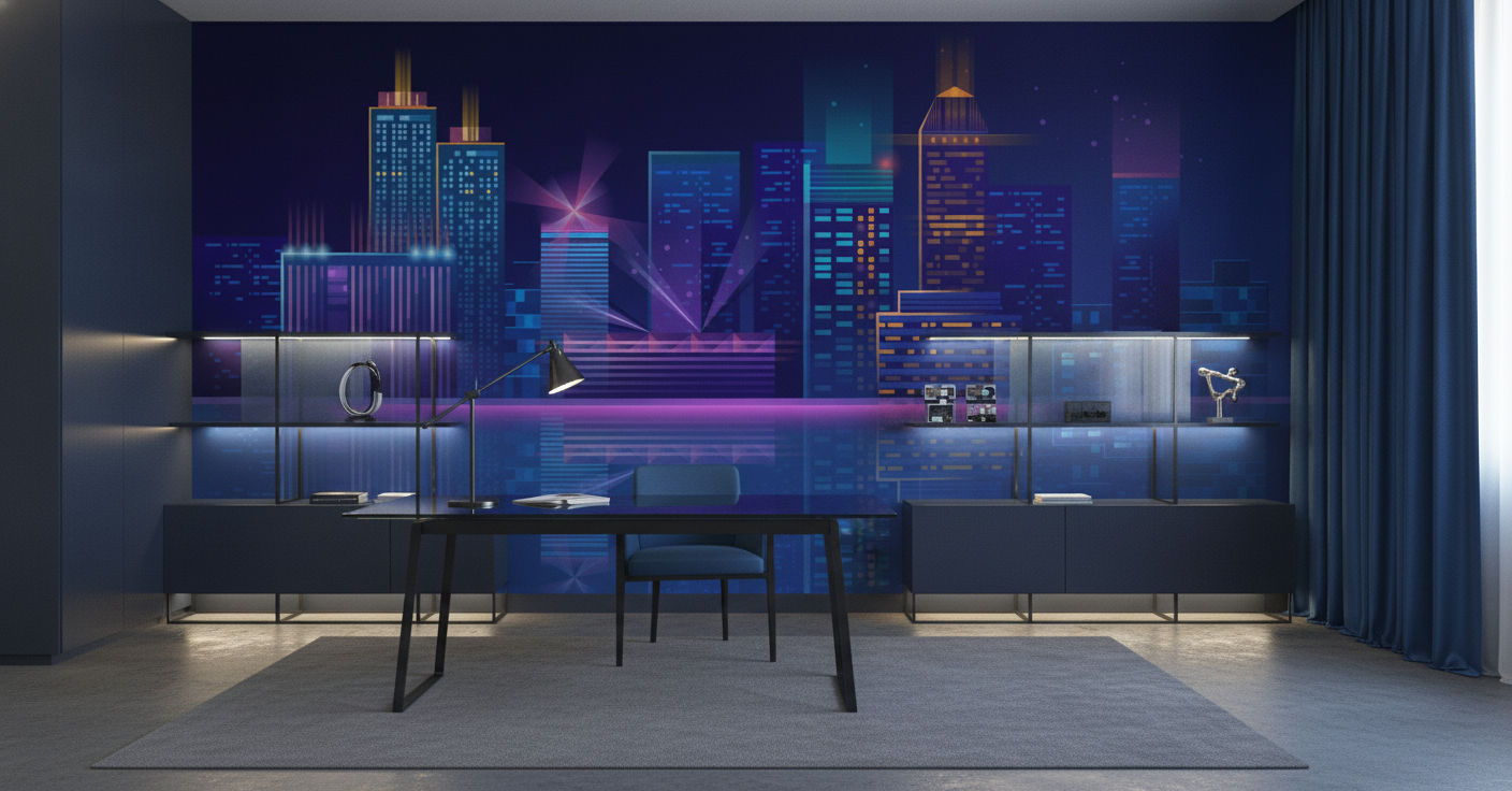 Papier Peint Ville Futuriste Néon Bleu Reflets Nocturnes - Bureau