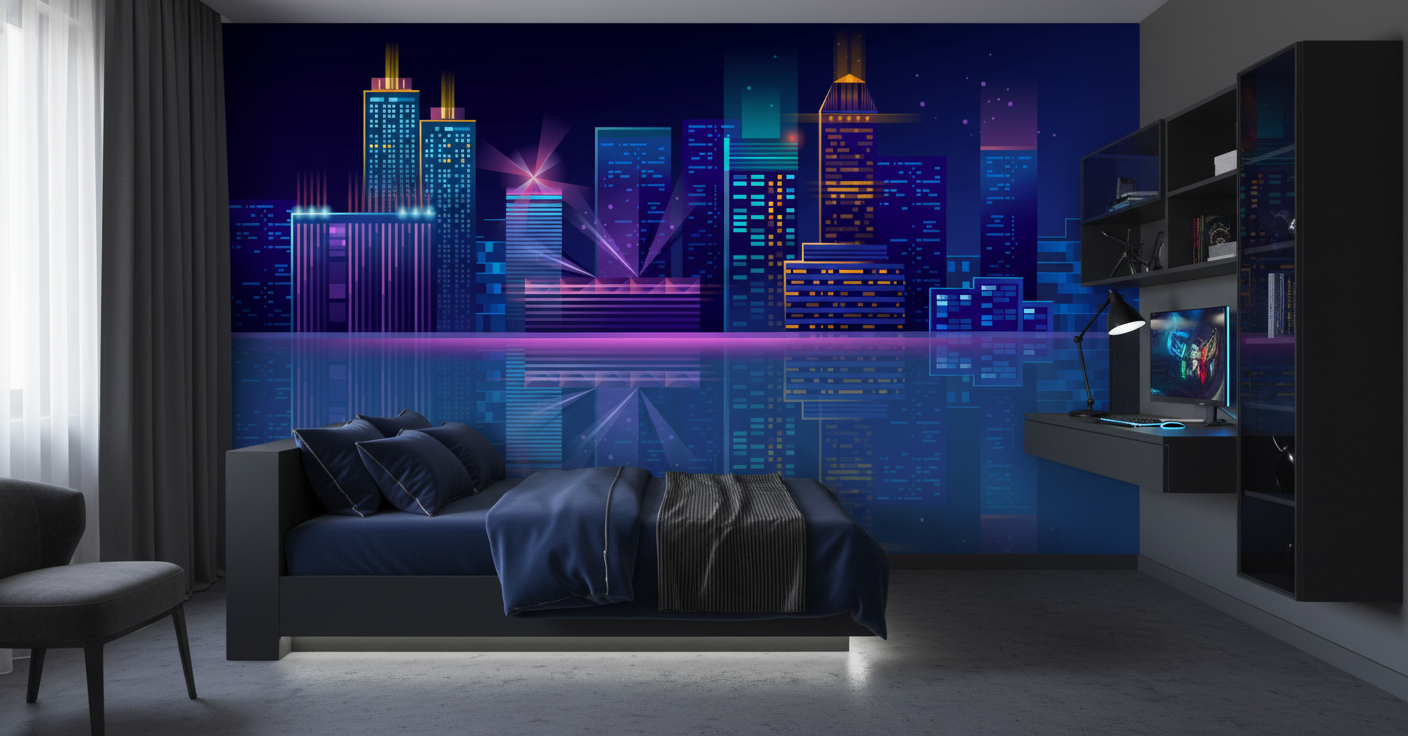 Papier Peint Ville Futuriste Néon Bleu Reflets Nocturnes - Chambre ado