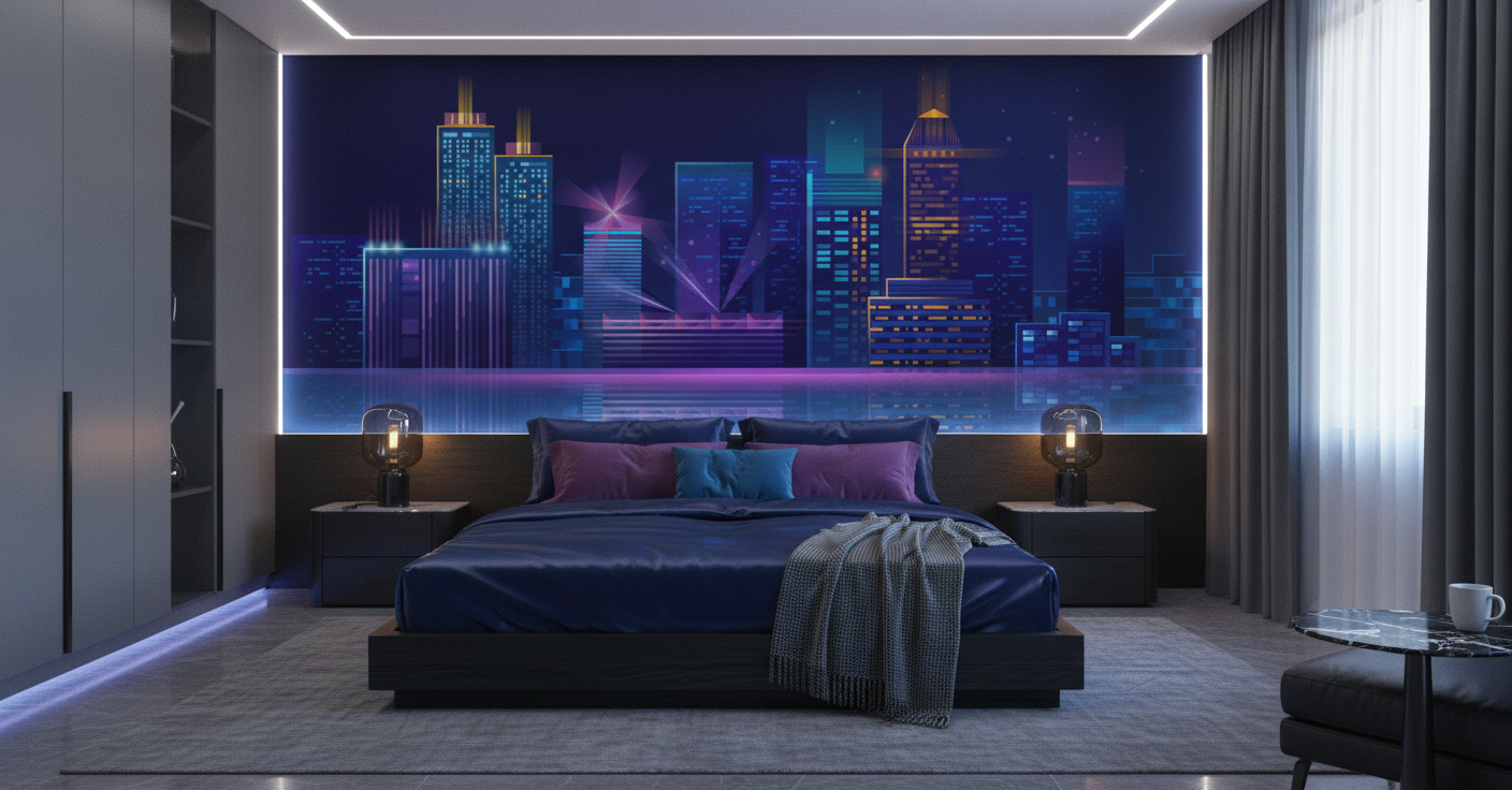 Papier Peint Ville Futuriste Néon Bleu Reflets Nocturnes - Chambre adulte