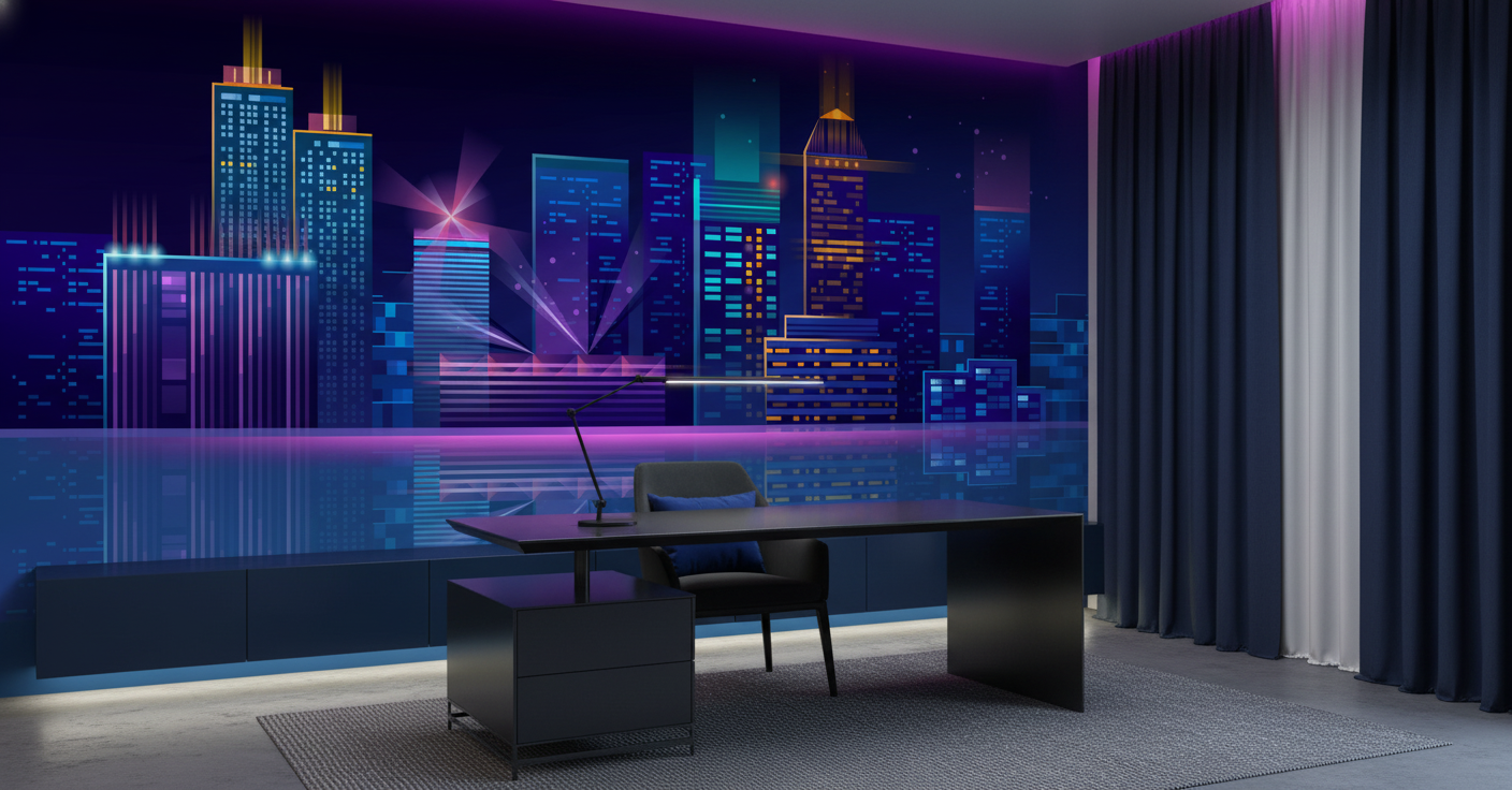 Papier peint ville futuriste skyline néon reflets nocturnes lumineux - Bureau
