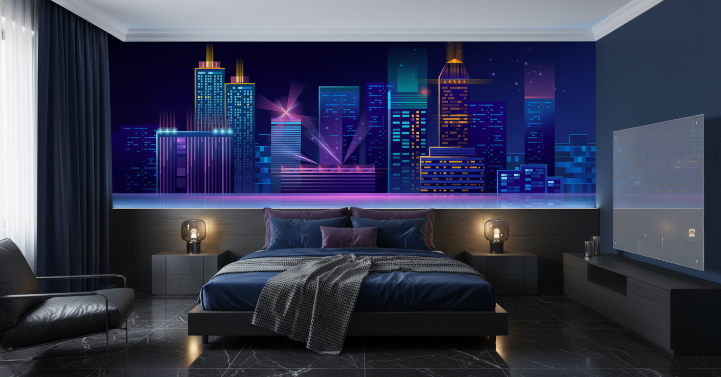 Papier peint ville futuriste skyline néon reflets nocturnes lumineux - Chambre adulte