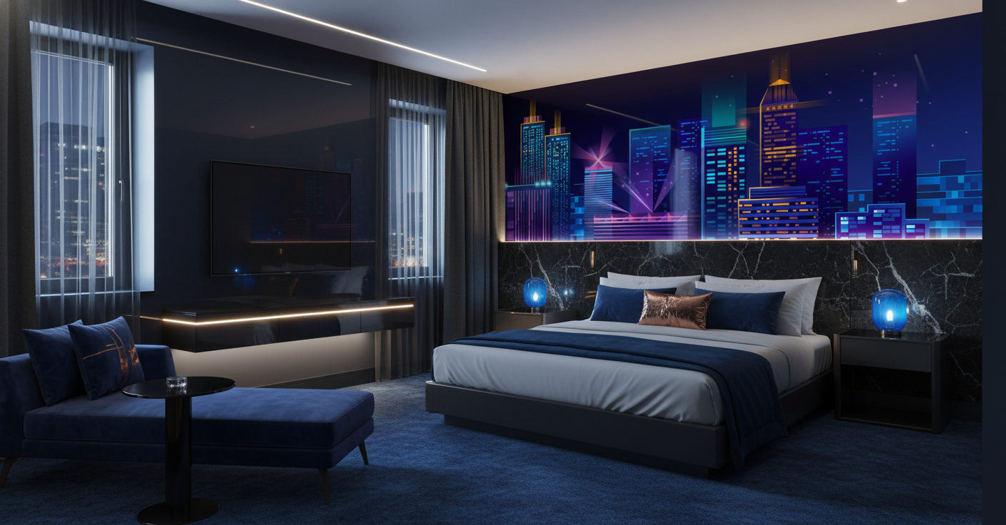 Papier Peint Skyline Futuriste Néon Reflets Nocturnes Bleu Nuit — Hôtel