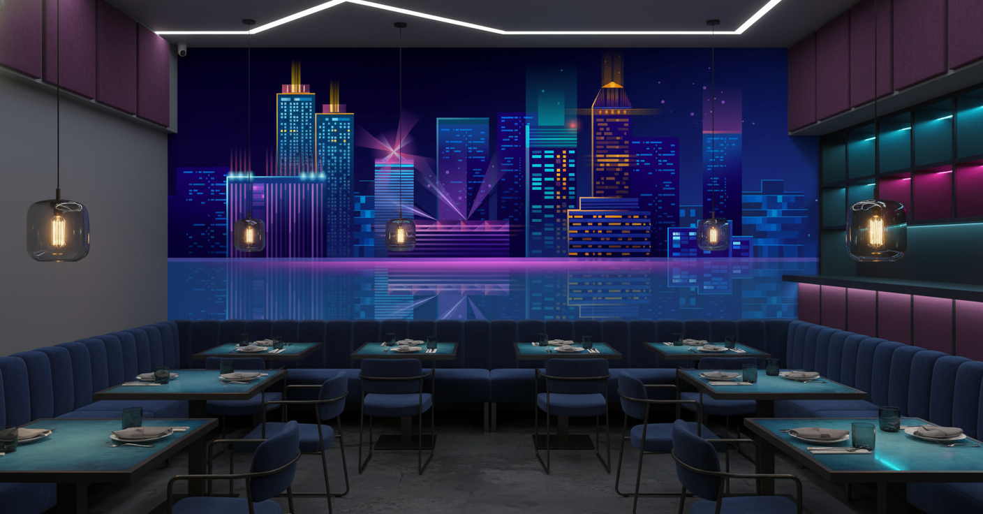 Papier peint ville futuriste skyline néon reflets nocturnes lumineux - Restaurant