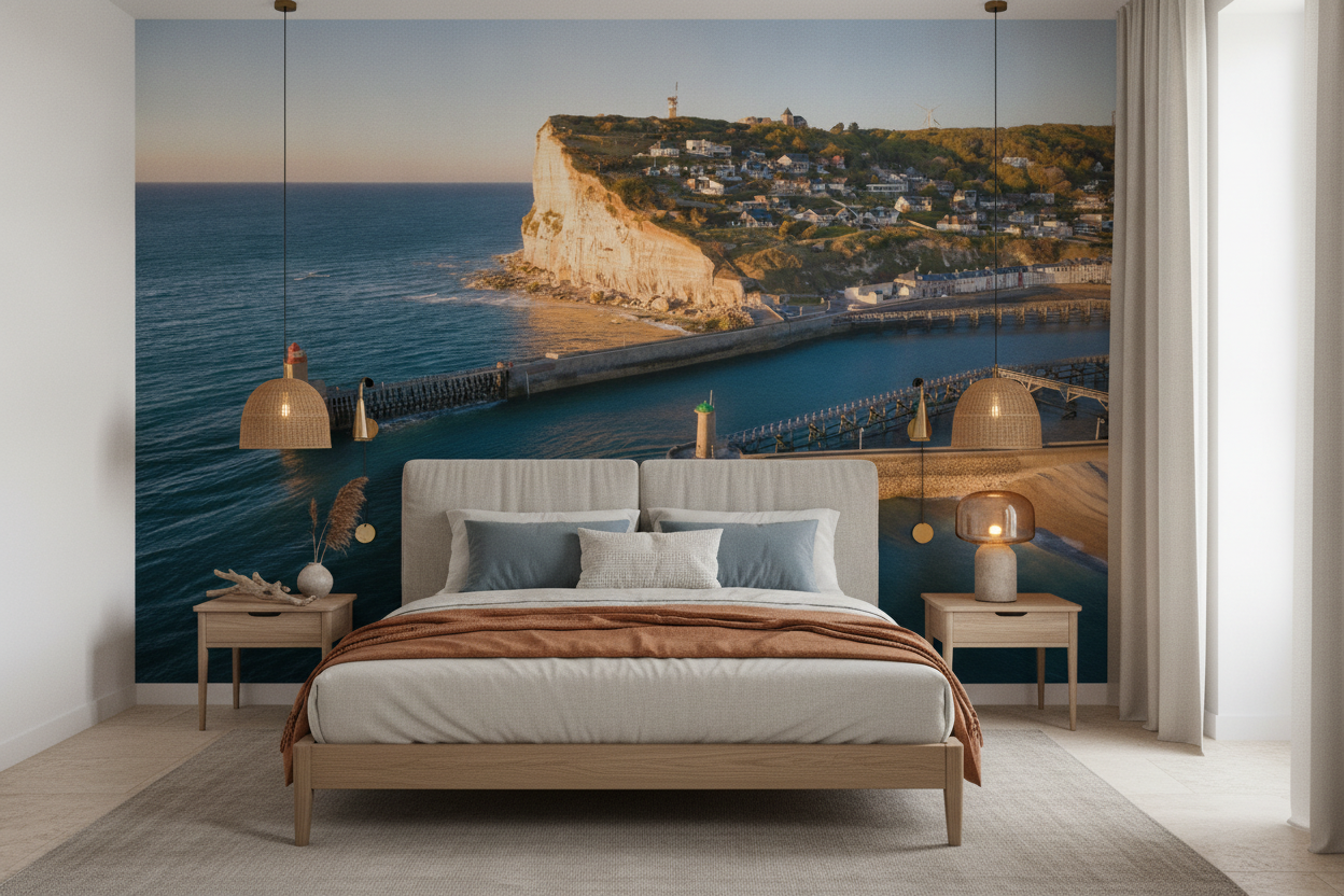 Papier Peint Vue Aérienne Port Maritime Falaises Blanches Coucher Soleil - Chambre adulte