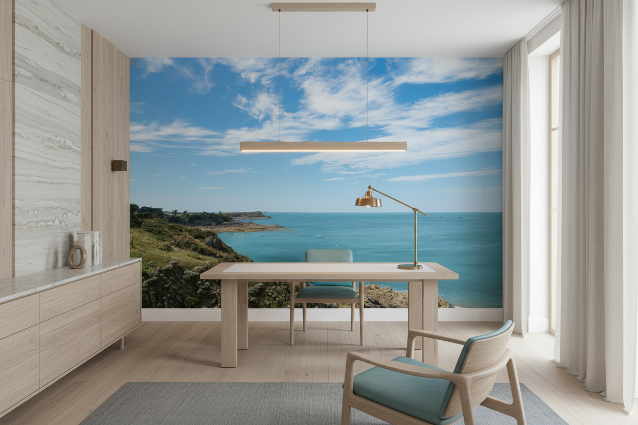 Paysage côtier aux eaux turquoise et falaises verdoyantes bretonne - Bureau