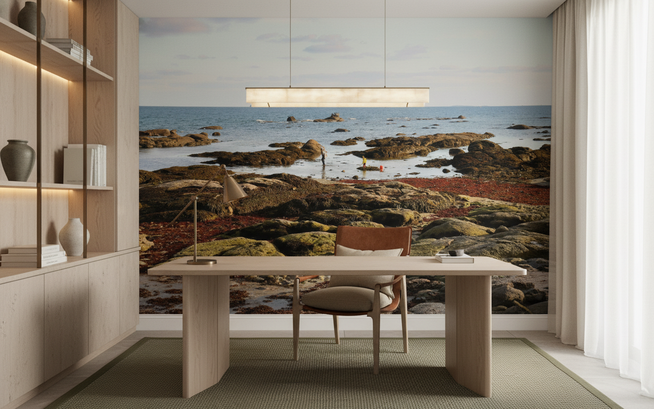 Paysage côtier rocheux avec marée basse et algues colorées - Bureau