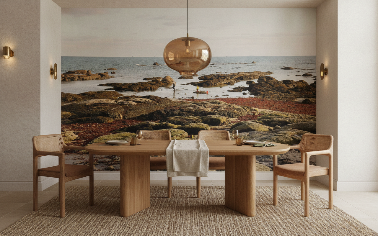 Paysage côtier rocheux avec marée basse et algues colorées - Salle à manger