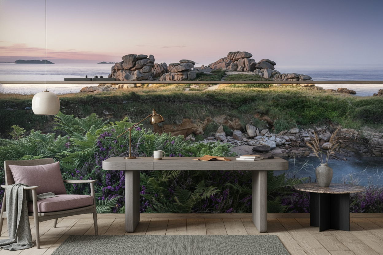 Paysage côtier sauvage avec rochers granitiques et bruyère violette au coucher - Bureau