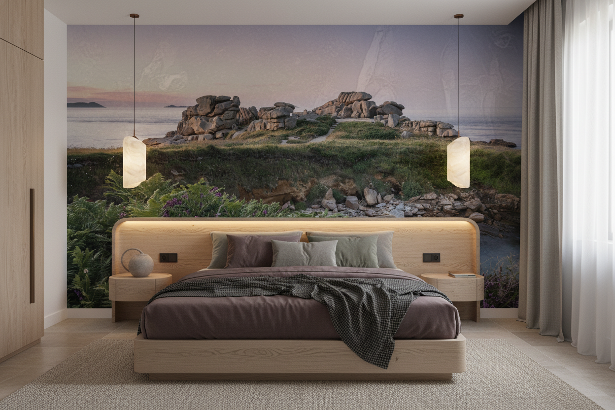 Paysage côtier sauvage avec rochers granitiques et bruyère violette au coucher - Chambre adulte