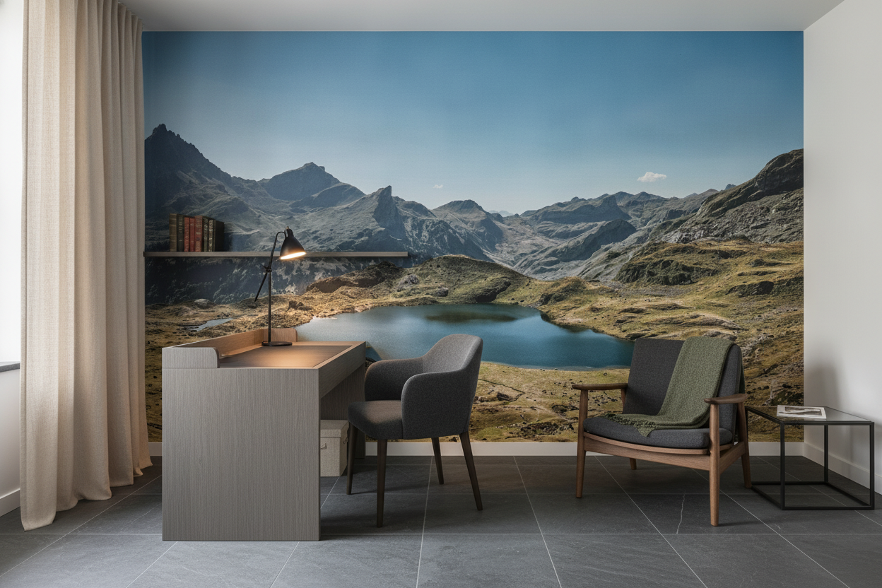 Paysage montagnard avec lac cristallin et sommets majestueux alpins - Bureau