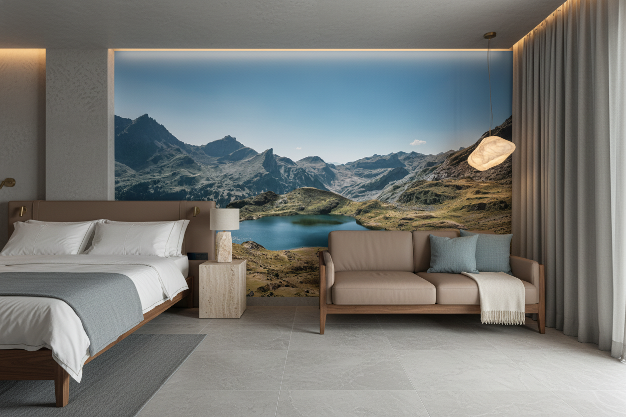 Paysage montagnard avec lac cristallin et sommets majestueux alpins — Hôtel